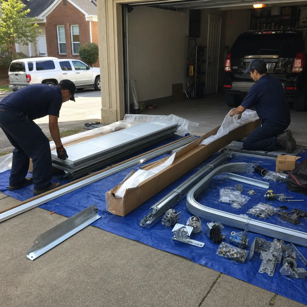 Two professional technicians performing a new residential garage door installation