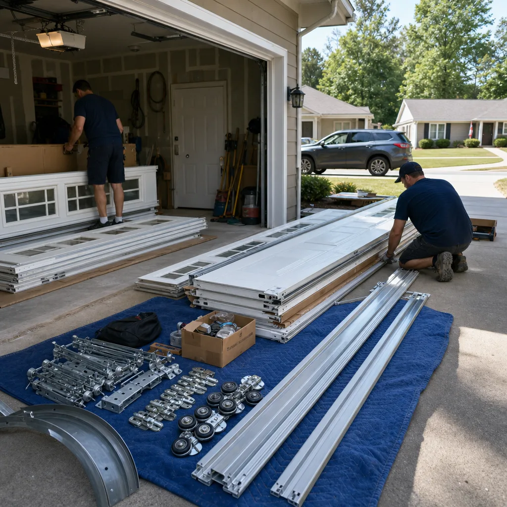 Two technicians installing a new white sectional residential garage door