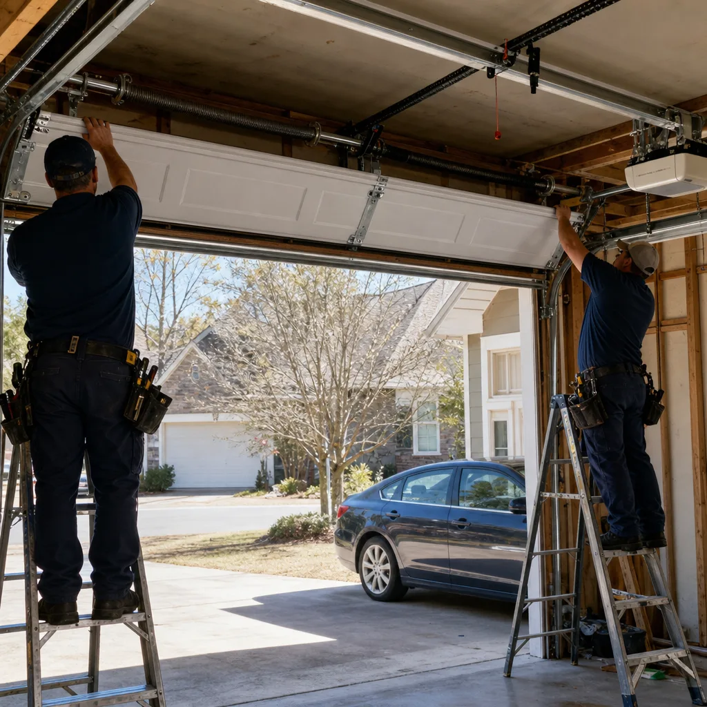 Two technicians installing a new residential garage door on ladders.