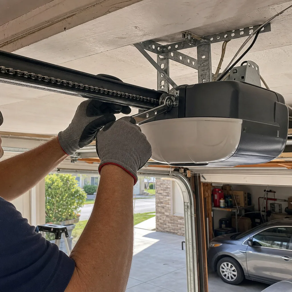 Technician performing professional garage door opener repair and installation.