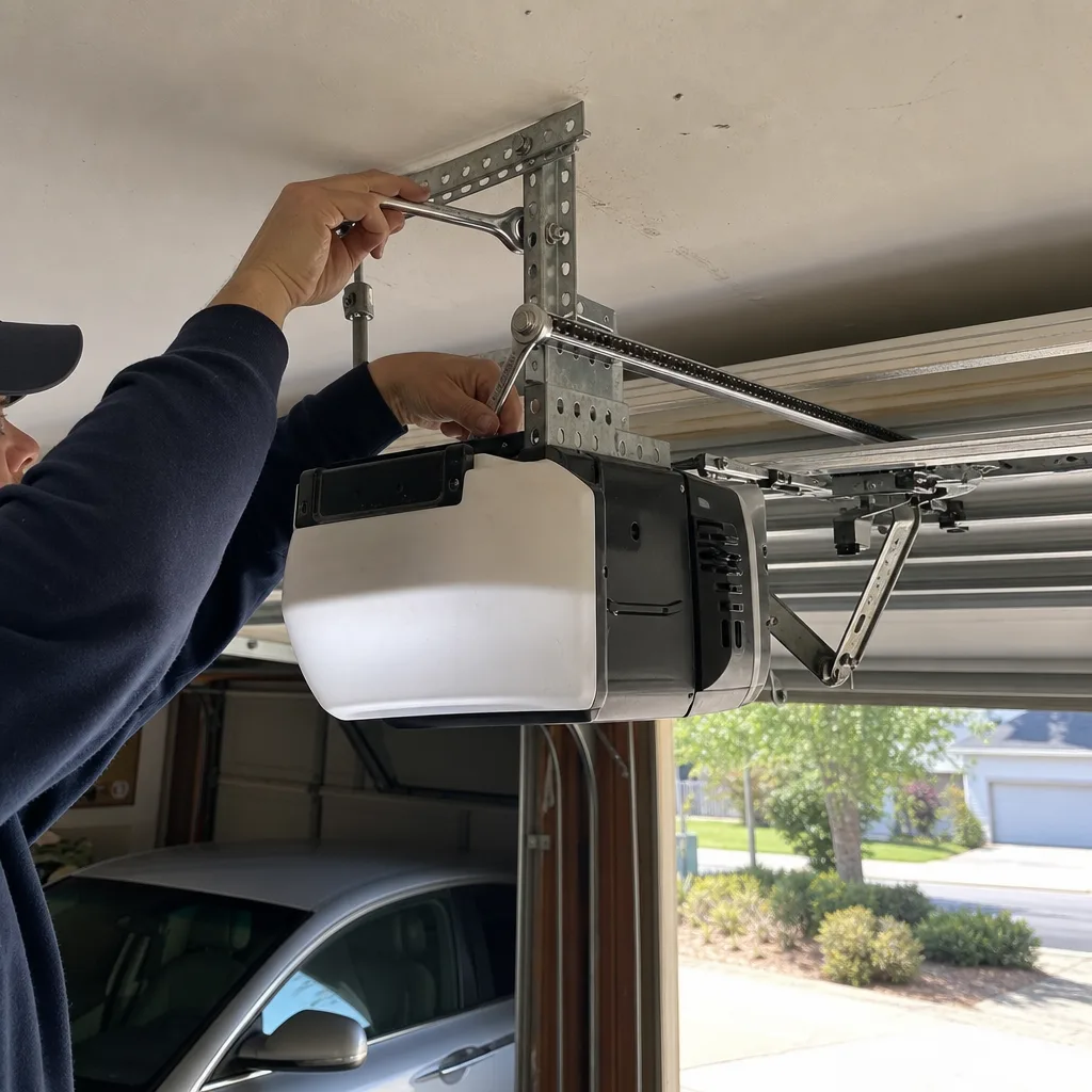 Technician performing garage door opener repair and installation in a garage