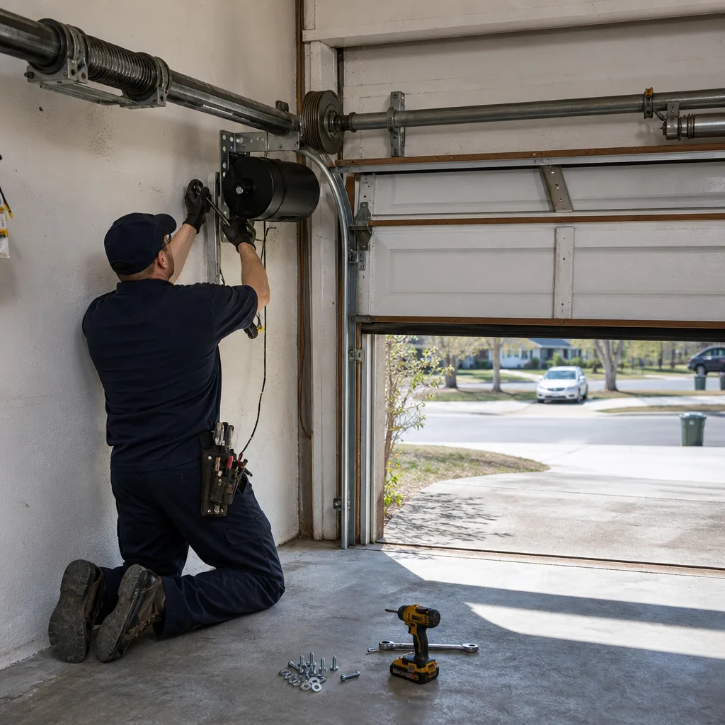 Technician performing professional garage door opener repair and installation.