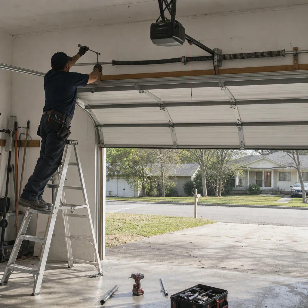 Technician performing professional garage door spring repair and maintenance