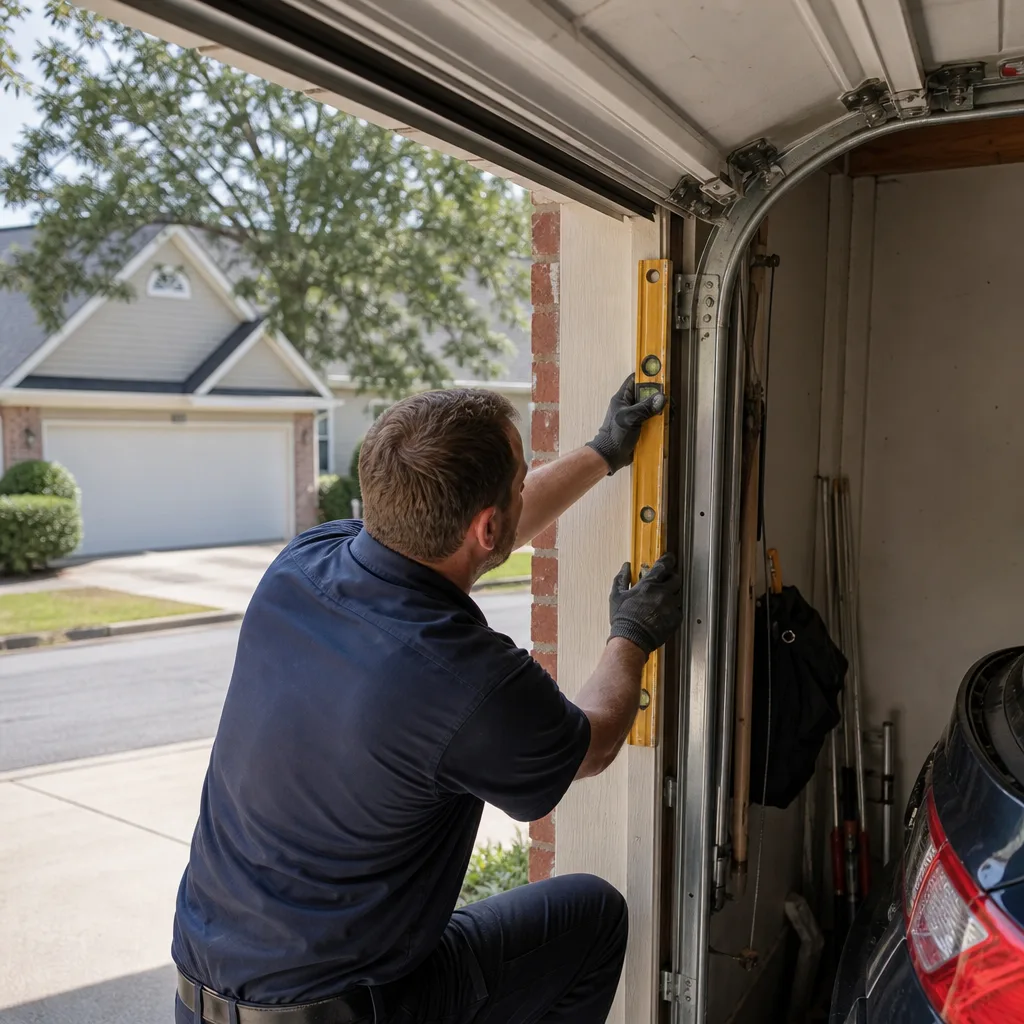 Technician using a level to repair a garage door track