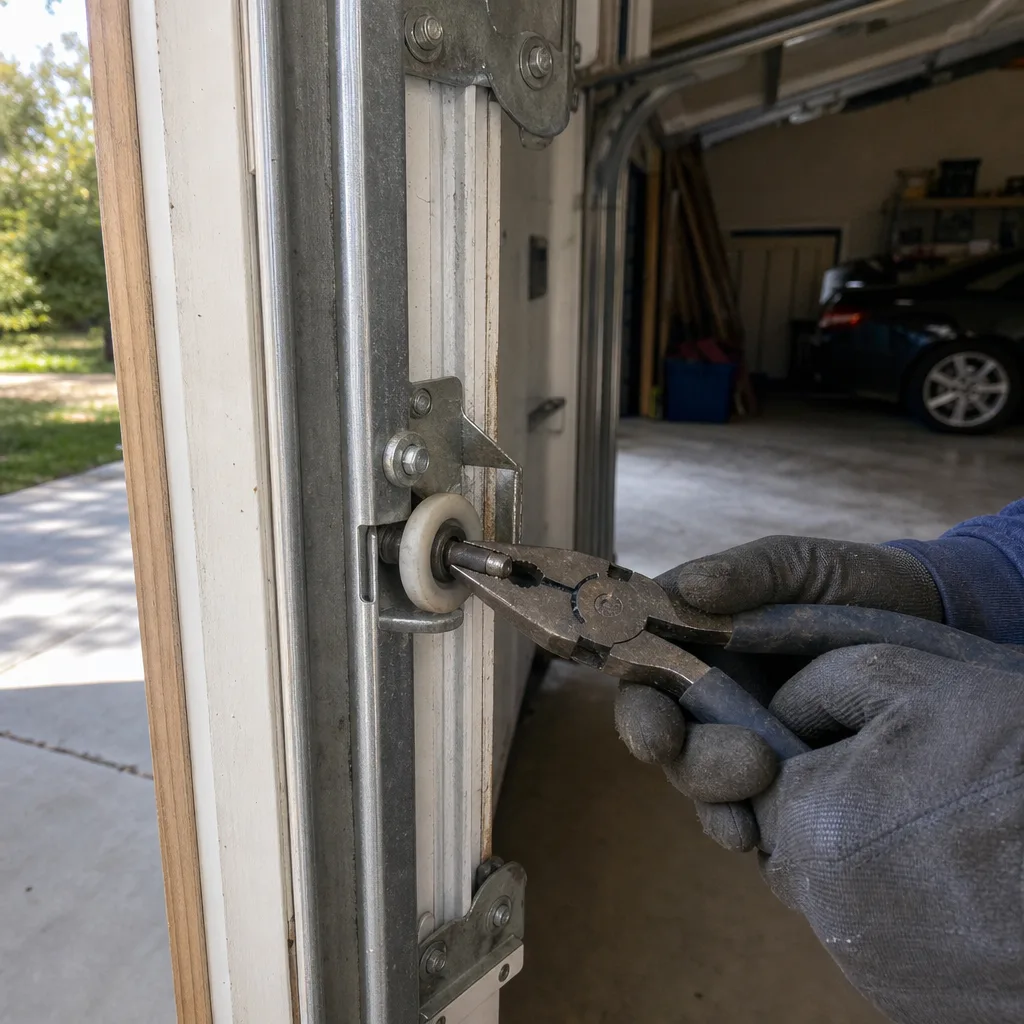 Technician using pliers to perform professional garage door roller repair.
